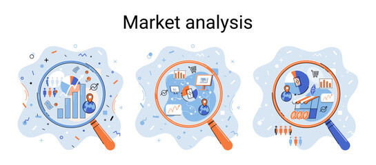 Poster - Market statistics data analysis metaphor marketing strategy development. Business research. Identify business needs determine solutions problems solving. View financial data through magnifying glass