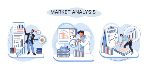 Poster - Market analysis metaphor marketing strategy development. Business research. Identify business determine solutions business problems solving. Marketer analyzes sales plan, doing an advertising campaign