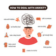 Stressed depressed character with anxiety disorder. Useful tips and advices for anxiety management infographic design. Anxious person suffering with mental problem square card. Vector illustration.