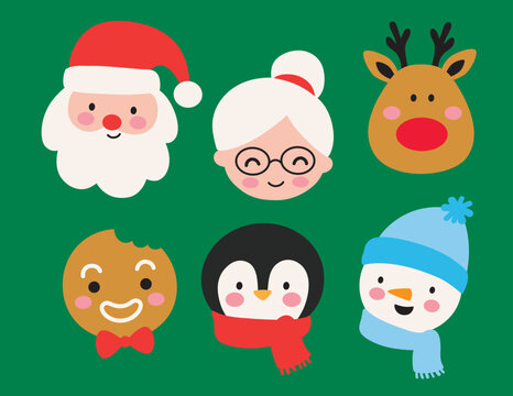 Fototapete - Cute Christmas vector illustration set including Santa Claus, Mrs. Claus, reindeer, gingerbread man, snowman, and penguin.