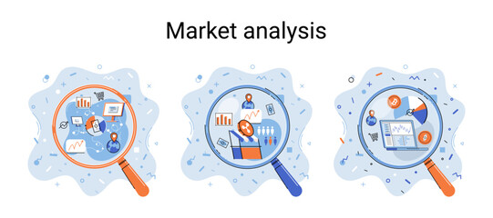 Poster - Market statistics data analysis metaphor marketing strategy development. Business research. Identify business needs determine solutions problems solving. View financial data through magnifying glass
