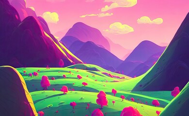 Wall Mural - Meadow fields and mountains with flourishing green grass, aesthetic, pink clouds in the sky, brightly illuminated by rays of sun, game background, Cartoon illustration