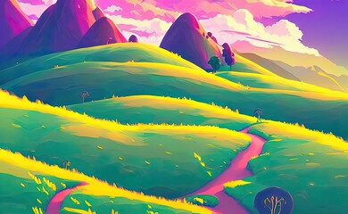 Wall Mural - Meadow fields and mountains with flourishing green grass, aesthetic, pink clouds in the sky, brightly illuminated by rays of sun, game background, Cartoon illustration