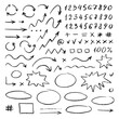 Set of handwritten numbers, signs and  arrows. Vector elements for infographic. Black objects on white background
