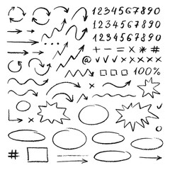 set of handwritten numbers, signs and arrows. vector elements for infographic. black objects on whit