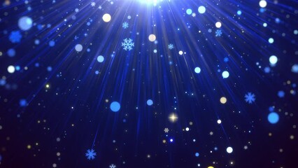 Wall Mural - snowflakes falling with blue particles in winter christmas background looped.