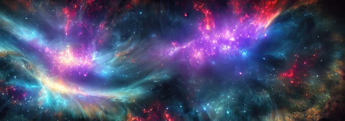 Space nebulae supernova exploding stars and far off galaxies of a Universe made of brilliant bright colors and intergalactic celestia cosmic wonder and magic, banner illustration
