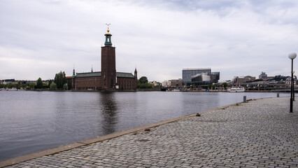 Sticker - View of the city of Stockholm from Evert Taube's terrace, a stone-paved square in Stockholm. In the background, Stockholm’s City Hall. 