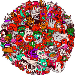 Wall Mural - PNG, Illustration of Funny monsters circle shape pattern  Hand drawing Doodle Halloween