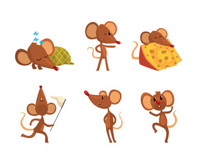 Sticker - Set of mice in various activities. Funny curios brown rodent animal character cartoon vector illustration