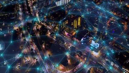 Aufkleber - Futuristic cityscape overlay, network transportation and building planning with a drone overlap time lapse effect. Futuristic 5g data connection, city hologram and future communication infrastructure