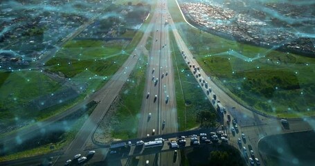 Poster - City highway road, data network of cars travel Toronto traffic and 5g connection of digital cloud computing. Futuristic urban transport, street infrastructure and movement on future road development