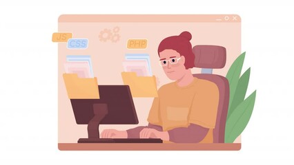 Fototapete - Animated isolated study programming. Learning coding languages. Looped flat 2D character HD video footage with alpha channel. Colorful animation on transparent background for website, social media