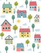© Anna Ivanir - Vector seamless pattern for kids designs with little houses, buildings, village, little town, trees and flowers.