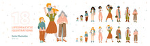 Diverse Women Lifespan Cycle Set. African American And Caucasian Female Characters At Different Stage Of Life And Growth From Infant Age To Old, Vector Hand Drawn Illustration