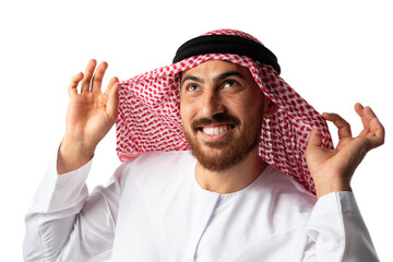 Wall Mural - Portrait of smiling young Arab man on white background