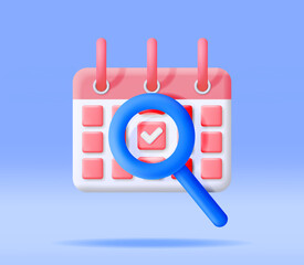Poster - 3D Paper Spiral Wall Calendar and Magnifying Glass Isolated. Render Calendar Icon. Schedule, Appointment, Organizer, Timesheet, Important Date. Time Management Concept. Minimal Vector Illustration