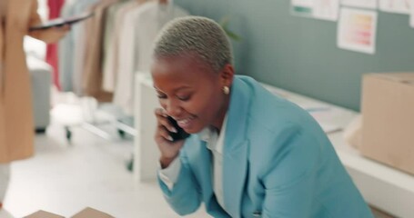 Aufkleber - Phone call, shipping order and female checking parcel, talking on cellphone for e-services, courier or delivery for online store. Black woman entrepreneur checking stock for dropshipping in startup