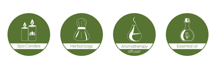 Wall Mural - spa candles, herbal bags, aromatherapy diffuser, essential oil vector icon set