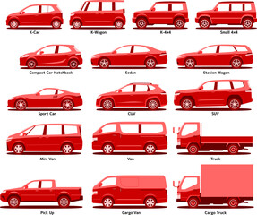 Wall Mural - Car body types vector red illustration 車種