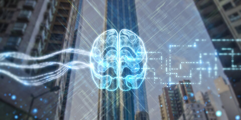 Aufkleber - Creative glowing brain hologram on blurry city backdrop. Neurology research, artificial intelligence concept. Double exposure.