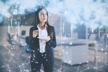 Poster - Young european businesswoman with coffee cup and creative image of cloud data icons on blurry background. Cloud computing, big data, technology and database concept. Double exposure.