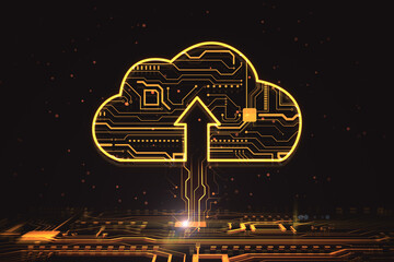 Wall Mural - Cloud technologies and data storage concept with digital cloud sign with arrow up and circuit inside connected to motherboard on dark background. 3D rendering