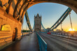 Tower Bridge with sunrise flare in London. England