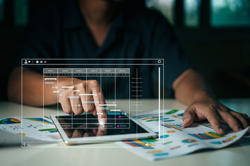 Businessman using Tablet  with Gantt chart scheduling virtual diagram, paper business graph on table. Project management schedule plan diagram business process optimisation concept.