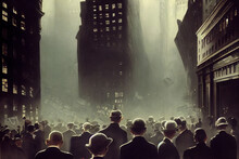 Crowds Of People In 1929 Gathered By NYC Stock Exchange Building Witnessing The Stock Market Crash. Vintage New York At The Downturn Of The Economy. The Black Tuesday Historic Event. Generative Ai