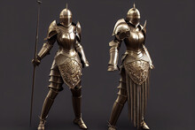 3D Digital Illustration Of A Woman Warrior On A Plain Isolated Background. Medieval Historical Soldier In Body Armour With Ornaments. European Female Crusader In Metal Full Metal Armour.