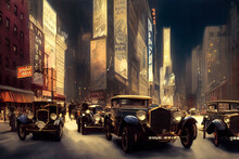 Retro Digital Illustration Featuring New York City Lit Up Streets With Vintage Cars And Automobiles At Night. Old School NYC In America In The 1920's Or The Roaring Twenties. Concept Art Wallpaper.
