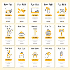 Screenshots of the pet store and mobile application. Menu banner vector template for website and app development. Pet shop templates for store.