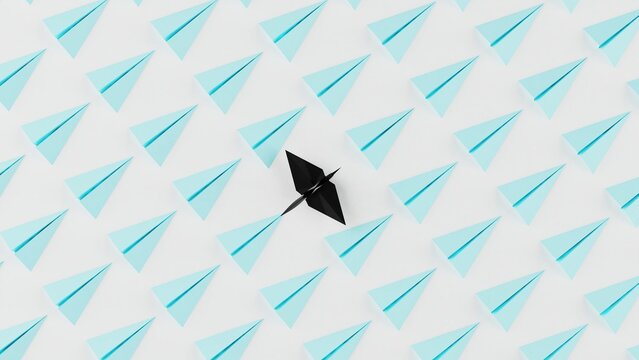 Origami of black crane and many soft blue airplanes on white board under white lighting background. Concept 3D CG of Japanese traditional culture, wish for world peace and legendary president.