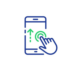 Poster - Finger Move Gesture Line on Touch Screen in Cellphone Icon. Hand Swipe on Smartphone Linear Pictogram. Action on Mobile Phone Display Outline Icon. Editable Stroke. Isolated Vector Illustration