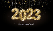 3d Sparkling Golden Glitter Numbers 2023 Hanging On Strings. Happy New Year Banner. Gold And Silver Confetti, Ribbons On Dark Background. Vector Decoration.For Holiday Cards, Party Posters, Calendars.