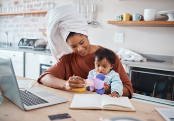 Canvas Print - Mother, baby and down syndrome with laptop for work on web, study or education in house. Multitasking, mom and child with computer, book and toys for learning, play and working while home in kitchen