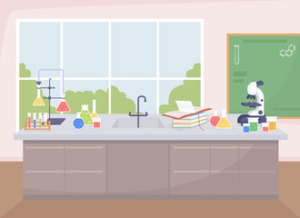 Poster - School chemistry lab flat color raster illustration. Space for experiments with chemical reagents. Science laboratory room 2D cartoon interior with blackboard and window on background