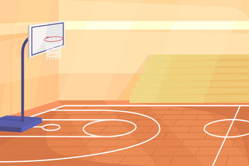 Poster - School gym flat color raster illustration. Gymnasium with parquet floor for sports games. Space for exercising. Basketball court 2D cartoon interior with stadium benches on background