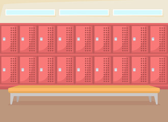 Poster - Row of school lockers flat color raster illustration. Corridor with benches. Closet space for gym class. Tidy wardrobe area 2D cartoon interior with closed storage shelves on background