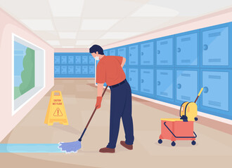 Poster - Cleaning school hall flat color raster illustration. Cleaner on sweeping job. Cleansing passageway. Janitor mopping floor 2D cartoon character with lockers row corridor on background
