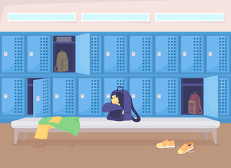 Poster - School changing room flat color raster illustration. Preparing stuff before sports class. Wardrobe area. College dressing space 2D cartoon interior with private storage shelves on background