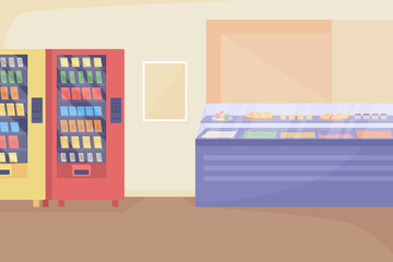 Poster - School cafeteria space flat color raster illustration. Lunch break in fast food bistro. Vending machines near walls. College cafe 2D cartoon interior with food counter on background