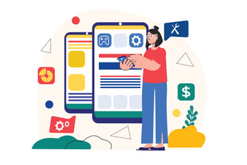 Poster - App development concept with people scene in the flat cartoon design. Developer controls the settings of various applications from the phone. Vector illustration.