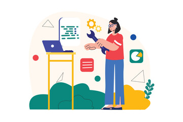 Poster - Concept Programmer working with people scene in the flat cartoon design. Girl is ready to correct errors in writing code for programs. Vector illustration.