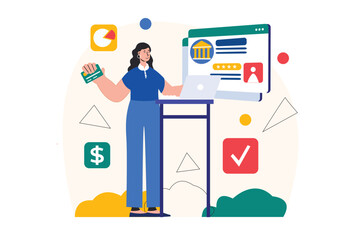 Poster - Concept Mobile banking with people scene in the flat cartoon design. Woman transfer all bank card data into online format using a laptop. Vector illustration.
