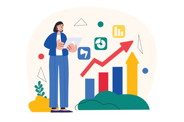 Aufkleber - Digital marketing concept with people scene in the flat cartoon style. Marketer monitors the rapid popularization of his services. Vector illustration.