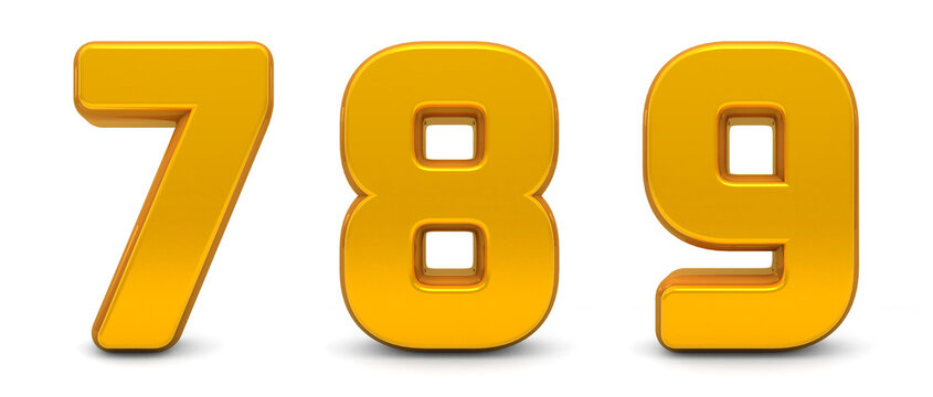 Gold Numbers 7,8,9 isolated on white background. Golden 3d numbers. 3d shiny Gold number collection. 3d rendering