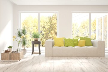 Stylish room in white color with sofa and autumn landscape in window. Scandinavian interior design. 3D illustration