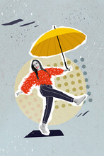 Collage 3d Image Of Pinup Pop Retro Sketch Of Funny Funky Lady Walking Enjoying Rainy Weather Isolated Painting Background